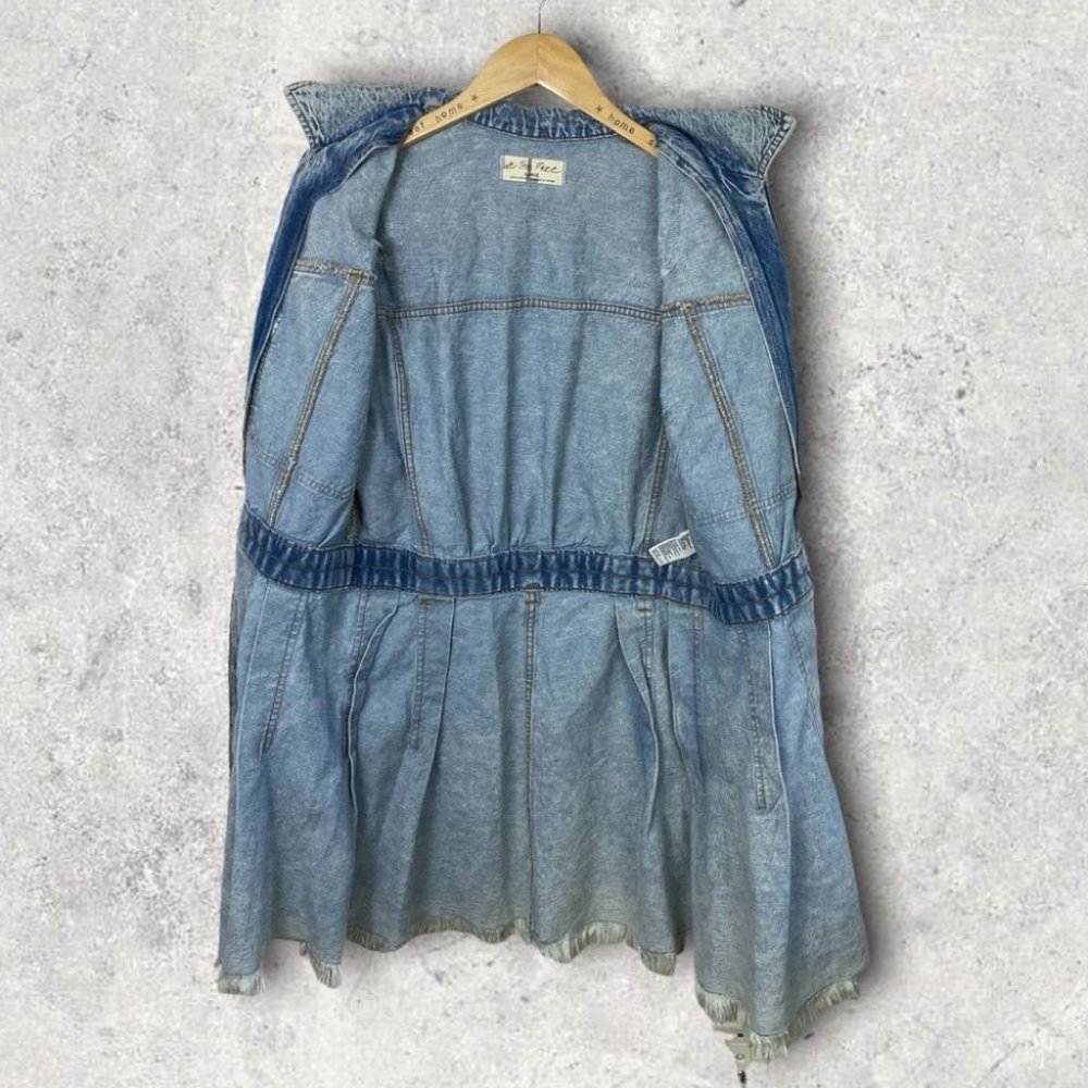 Free People Denim Dress Fringe Size Large Chain of Command Blue Jean Button Down - Picture 5 of 16